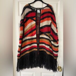 Vertigo Women's Striped Sweater Cape Poncho Burnt Orange Fringe Size S/M